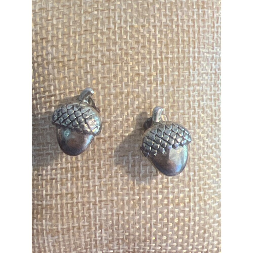 Vintage Acorn Stud Earrings Silver Gold Tone Fall 3D Textured Estate .5"